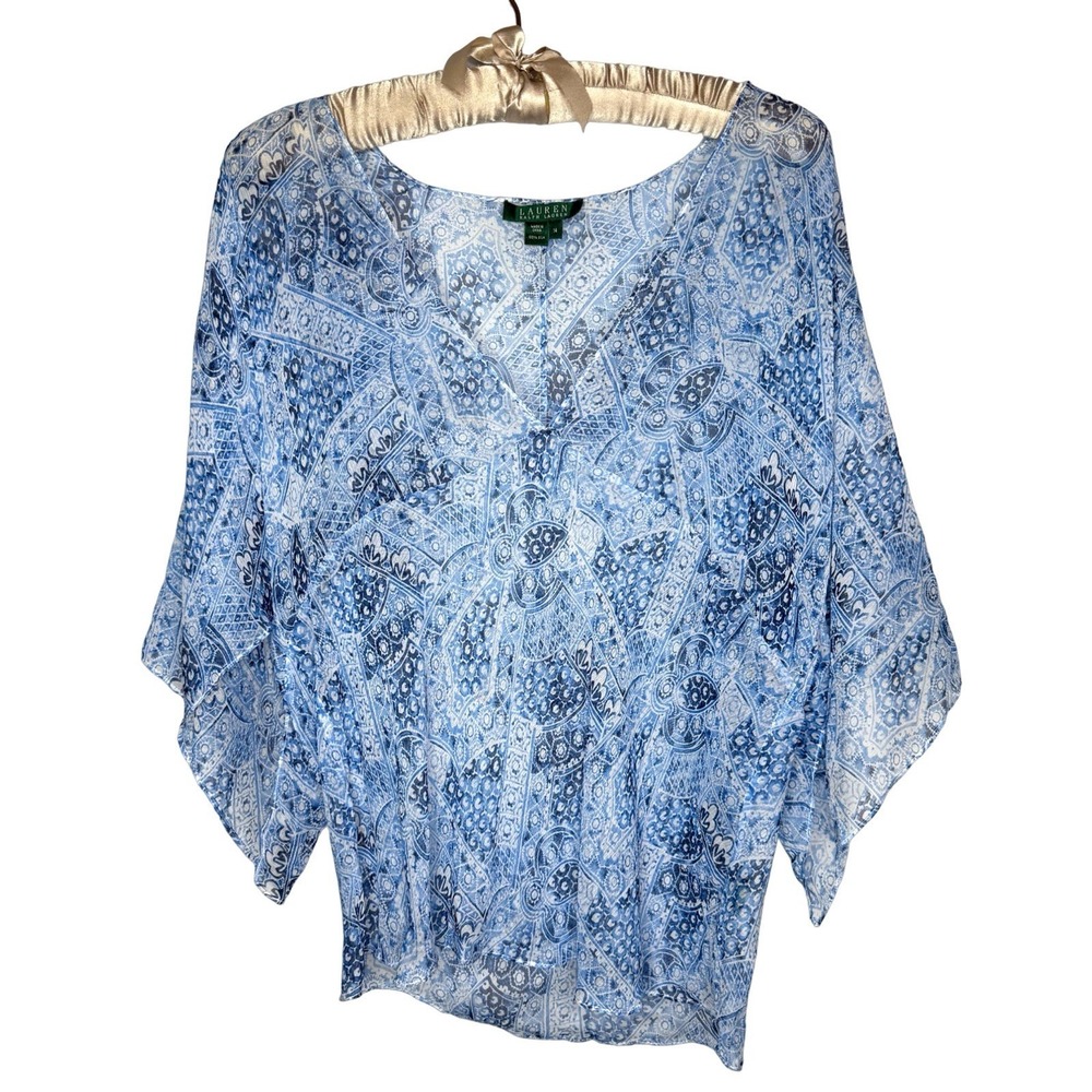 LRL Ralph Lauren Size 14 %100 Silk Sheer Chiffon Babydoll Blouse Top Swim Cover - Picture 1 of 7